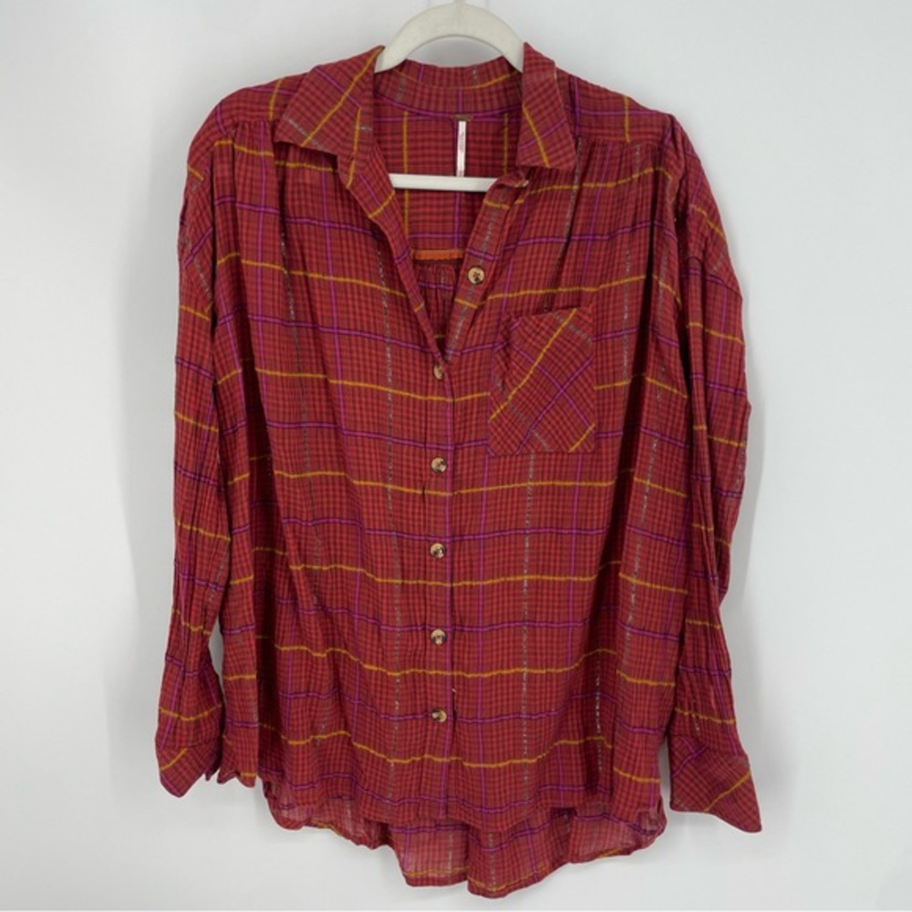 Free People Break My Stride Button down red plaid Sz XS‎